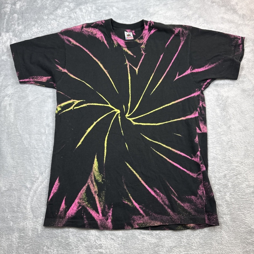 Vintage Tie Dye T-Shirt Fruit of the Loom Men XL Black Pink Yellow Single Stitch